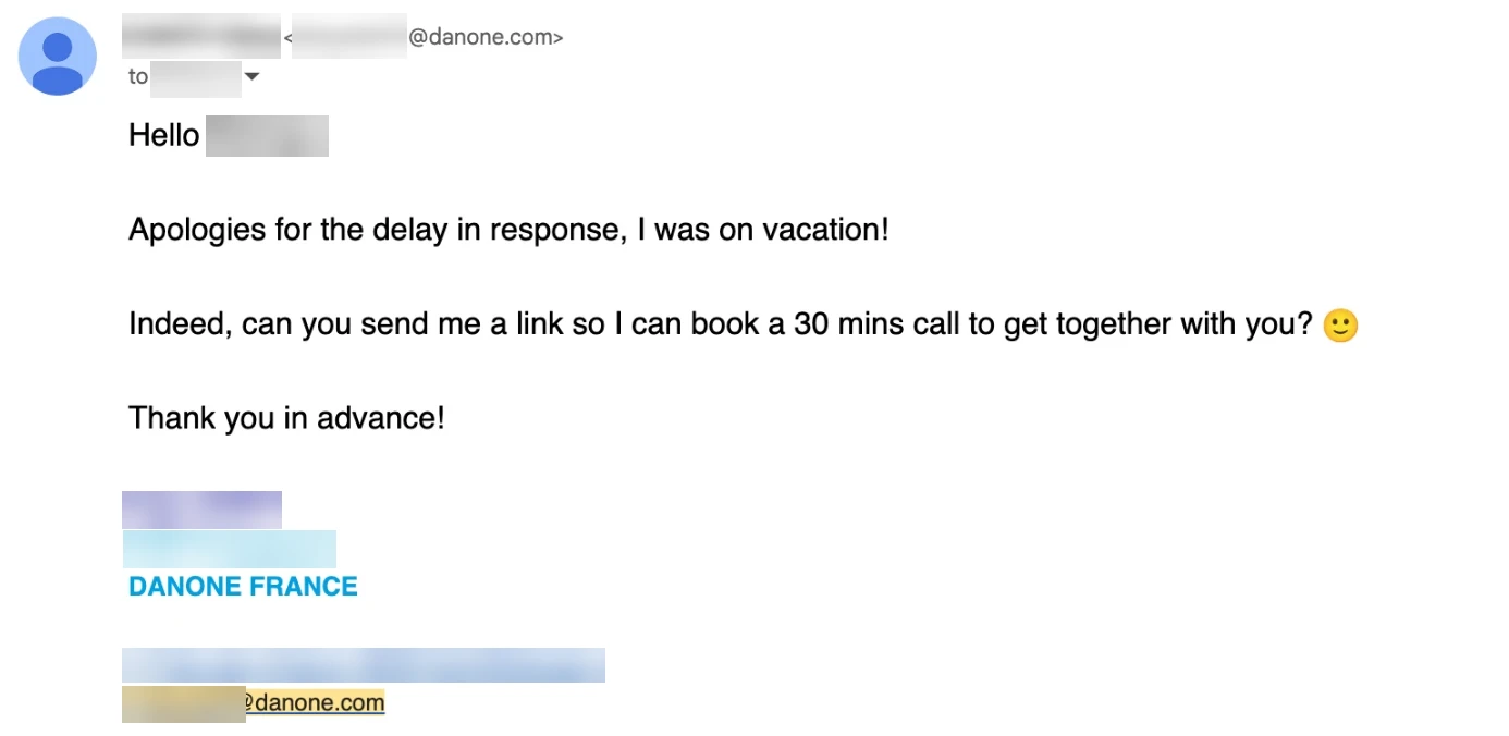 Reply from Danone France, personal details hidden