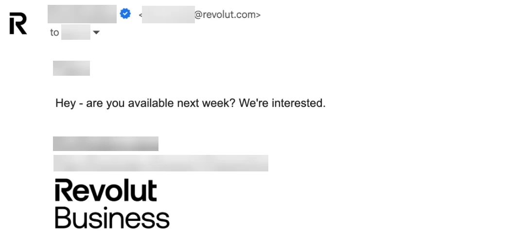 Reply from Revolut Business, personal details hidden