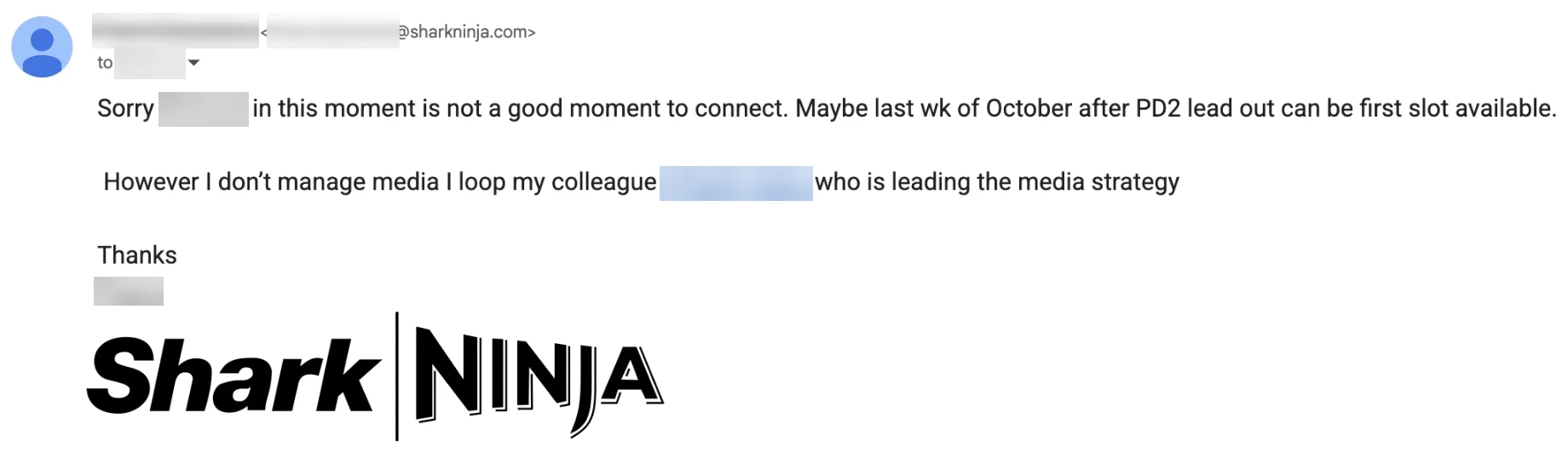 Reply from SharkNinja, personal details hidden